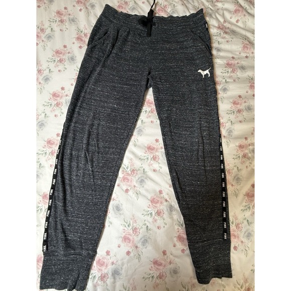 Victoria's Secret PINK Jogger Sweatpants Women's M Gray Logo Tape Drawstring - Picture 1 of 4